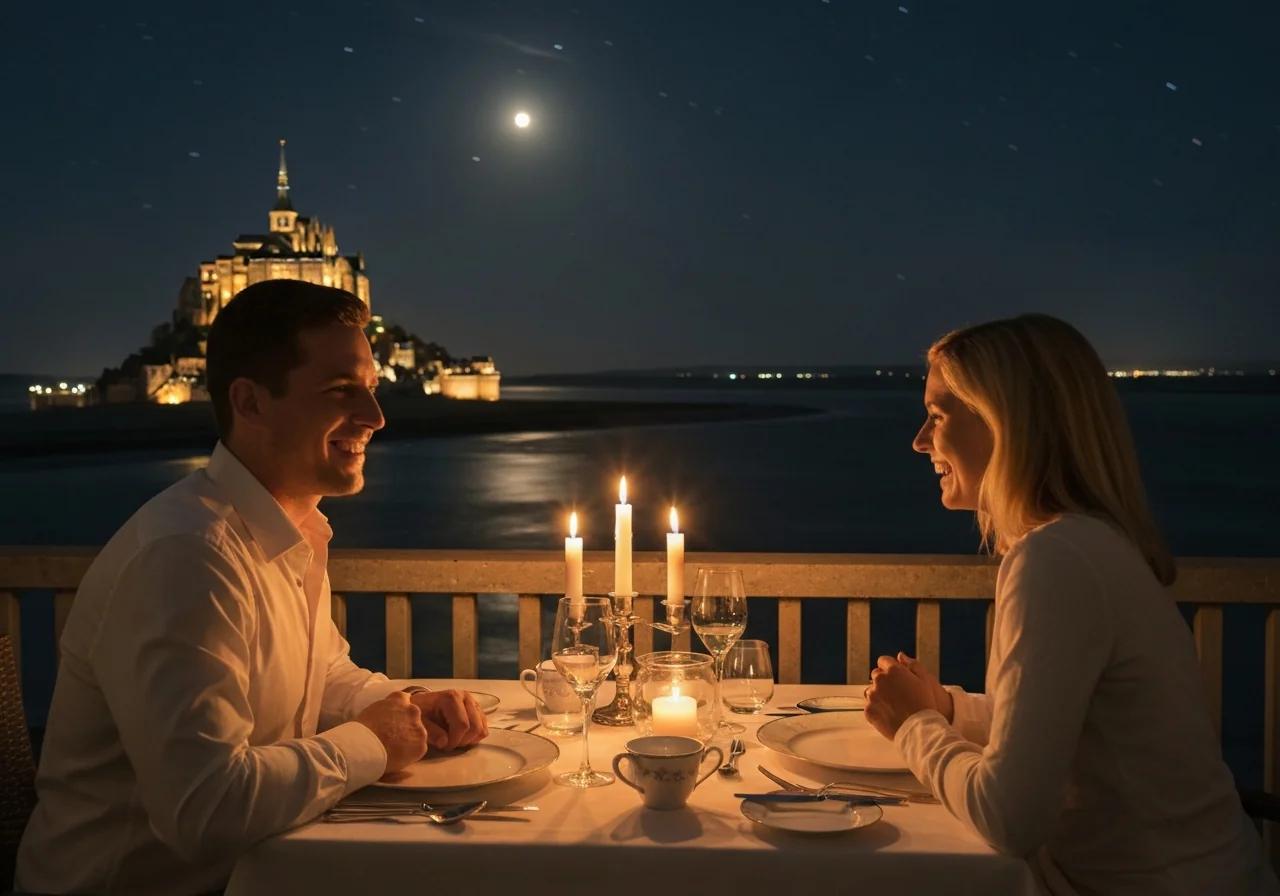 Couple dînant en terrasse d'un restaurant avec vue sur le Mont-Saint-Michel illuminé la nuit, Normandie