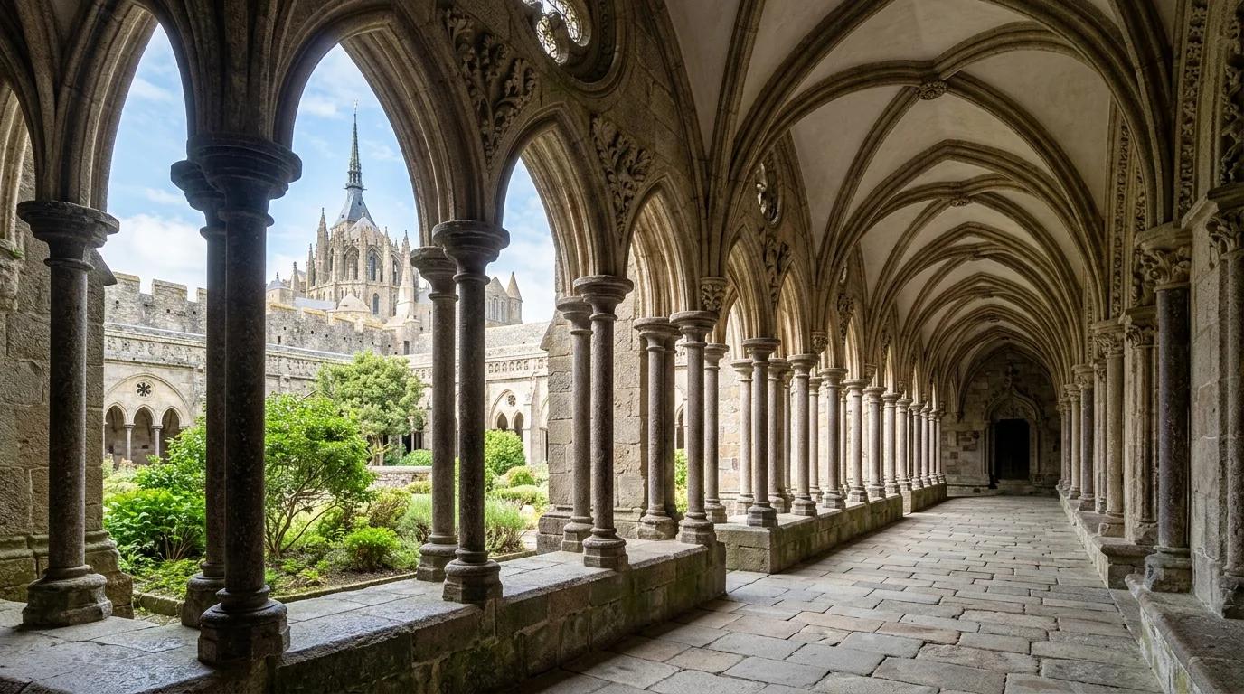 Le cloître gothique de l'abbaye du Mont-Saint-Michel et ses colonnettes de granit
