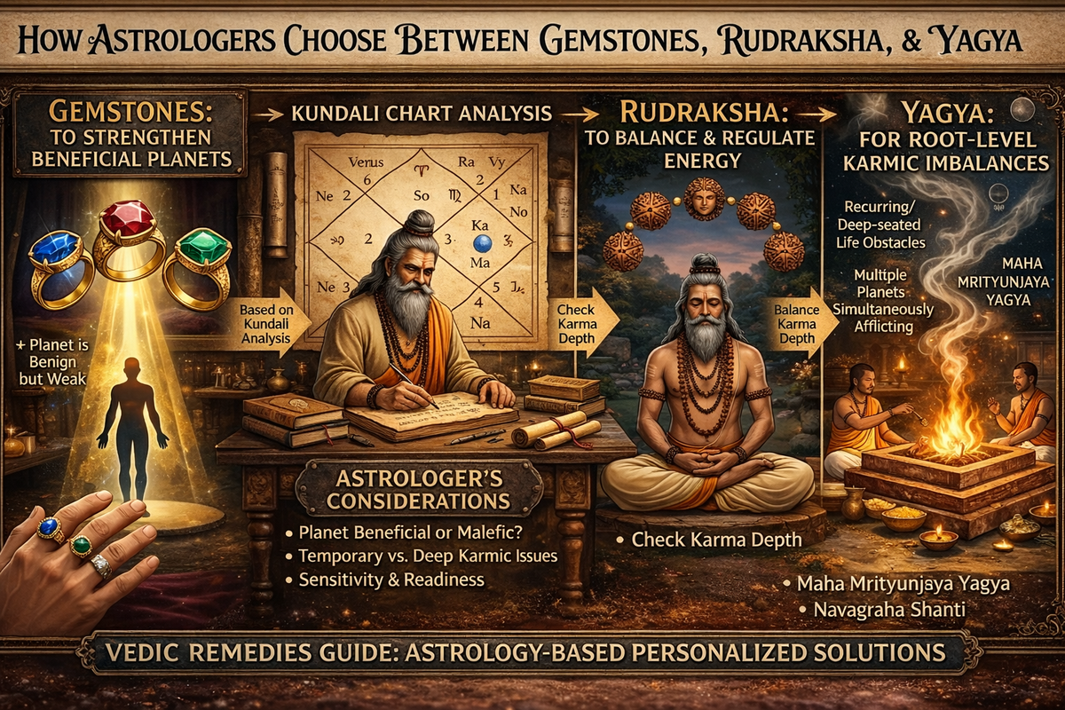 How Astrologers Choose Between Gemstones, Rudraksha, and Yagya