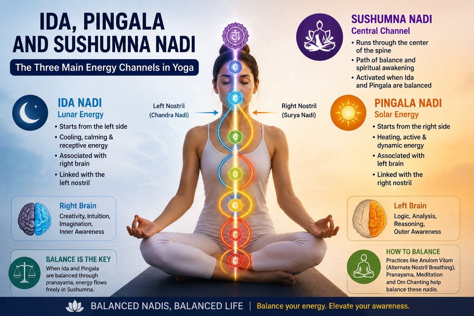 Ida, Pingala and Sushumna Nadi Understanding the Three Main Energy Channels in Yoga