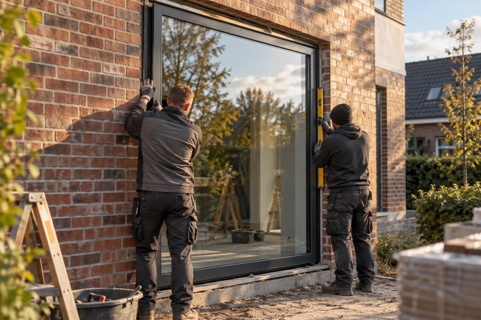 Zwei Monteure setzen ein großes Fenster mit anthrazitfarbenem Rahmen in eine Klinkerfassade ein