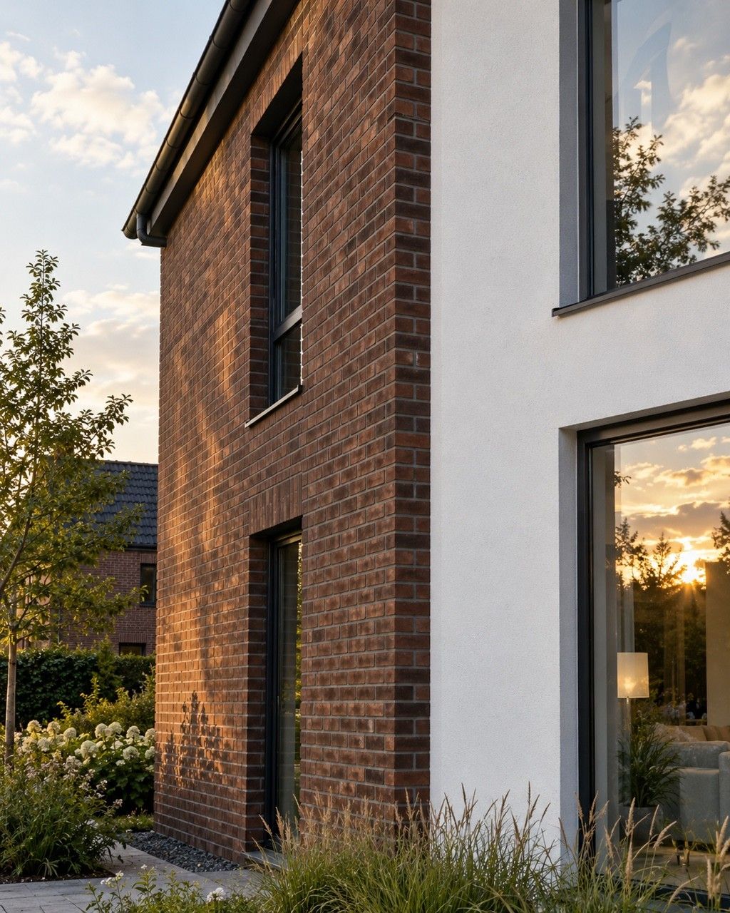 Hausecke mit Klinkerfassade und weißer Putzfläche im Streiflicht der Abendsonne