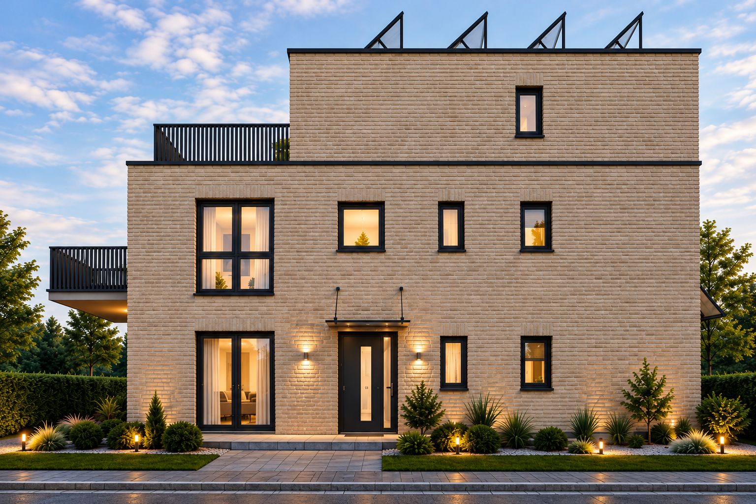 Visualisierung des geplanten Mehrfamilienhauses in Hamburg-Eidelstedt: helle Klinkerfassade mit Staffelgeschoss, Dachterrasse und Eingang im Abendlicht