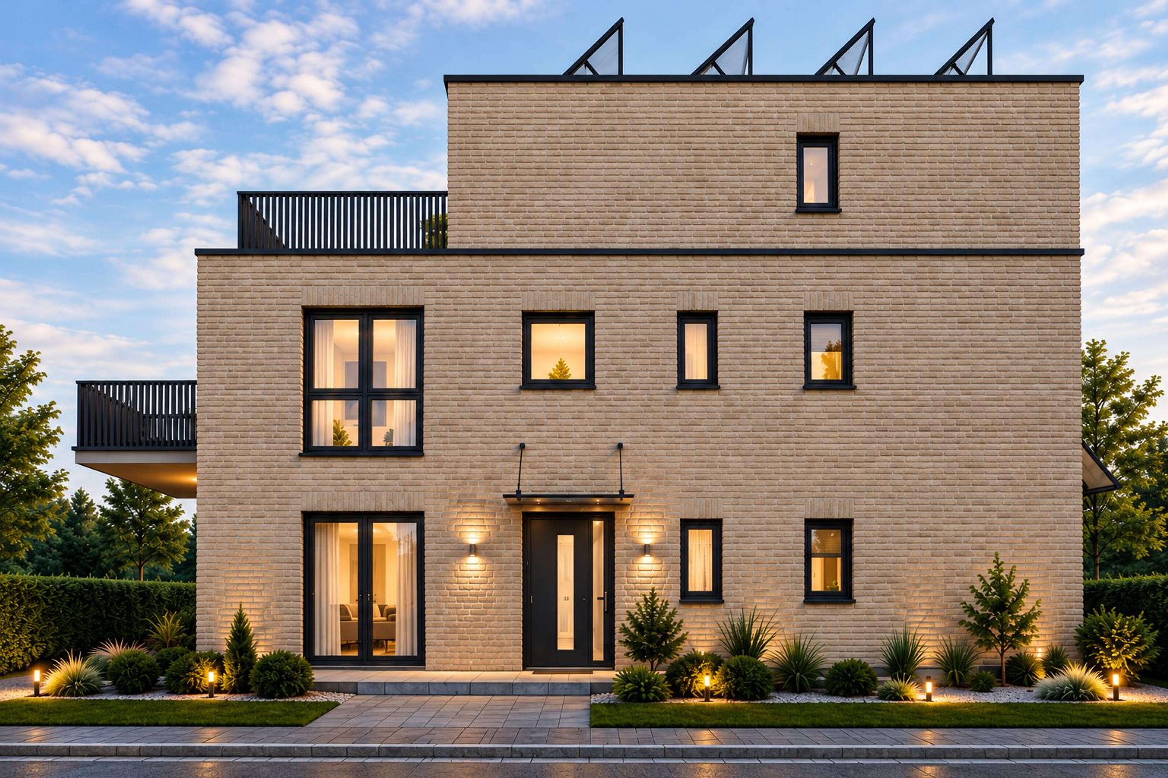 Visualisierung des geplanten Mehrfamilienhauses in Hamburg-Eidelstedt: helle Klinkerfassade mit Staffelgeschoss, Dachterrasse und Eingang im Abendlicht