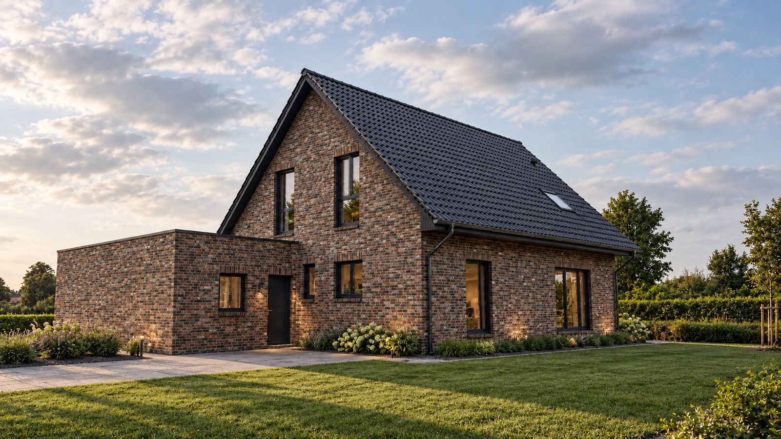Visualisierung des geplanten Einfamilienhauses in Rendswühren: dunkles Klinkerhaus mit Satteldach, Flachdach-Anbau und Rasen im Abendlicht