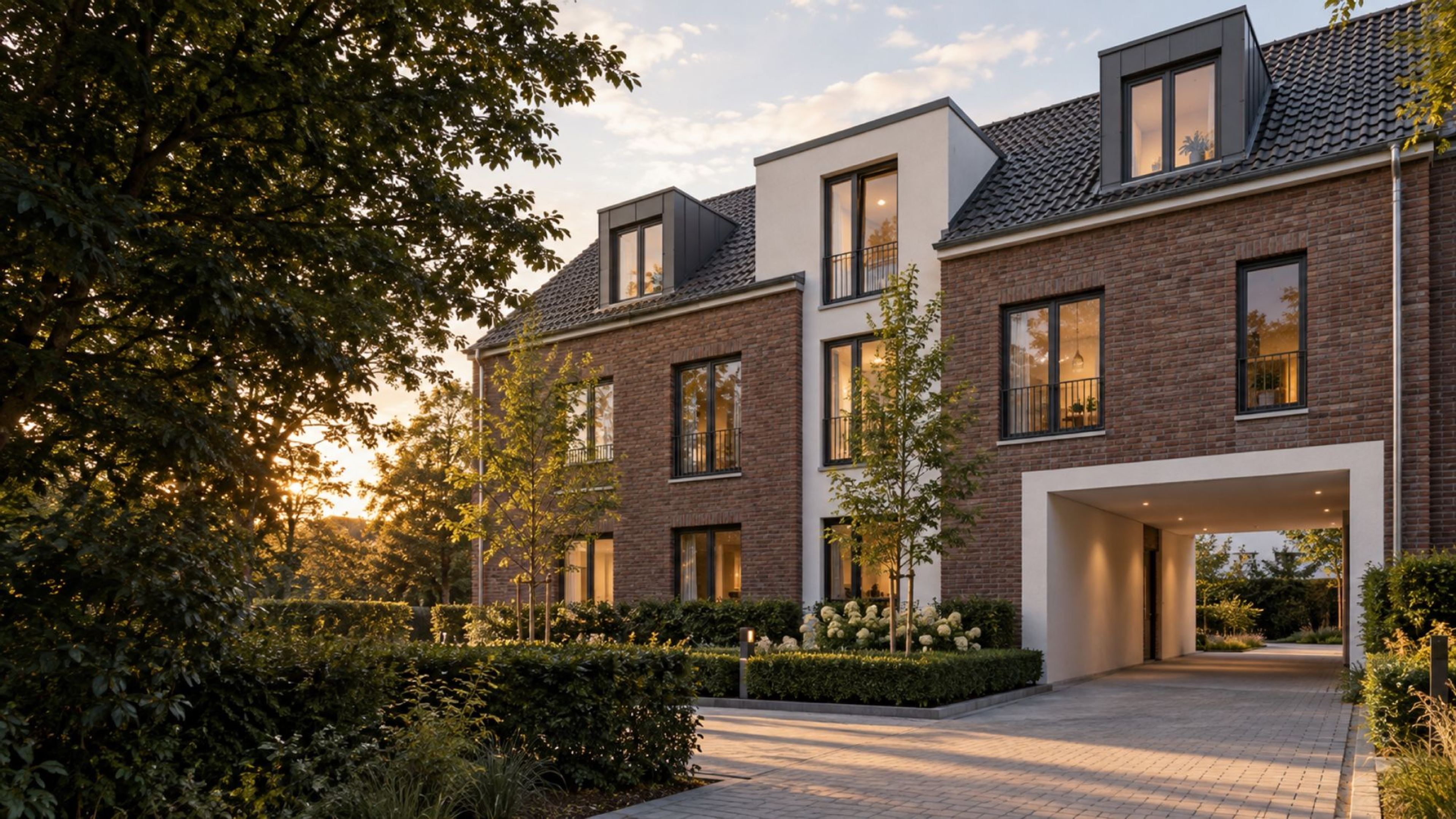 Mehrfamilienhaus mit Klinkerfassade, weißen Putzflächen und beleuchteter Durchfahrt im Abendlicht