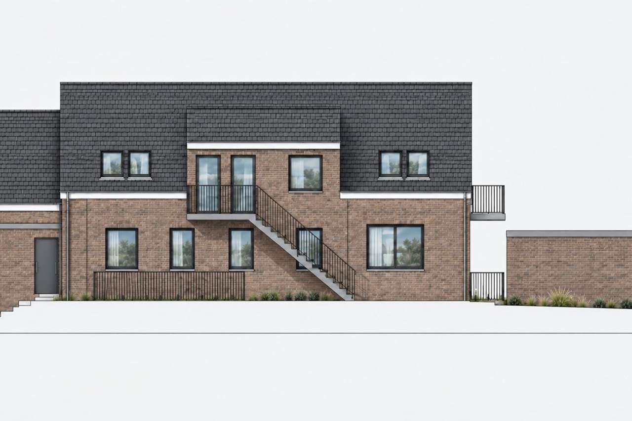 Ansicht des geplanten Mehrfamilienhauses in Rellingen: Klinkerbau mit dunklem Dach, Außentreppe, Balkonen und Garage