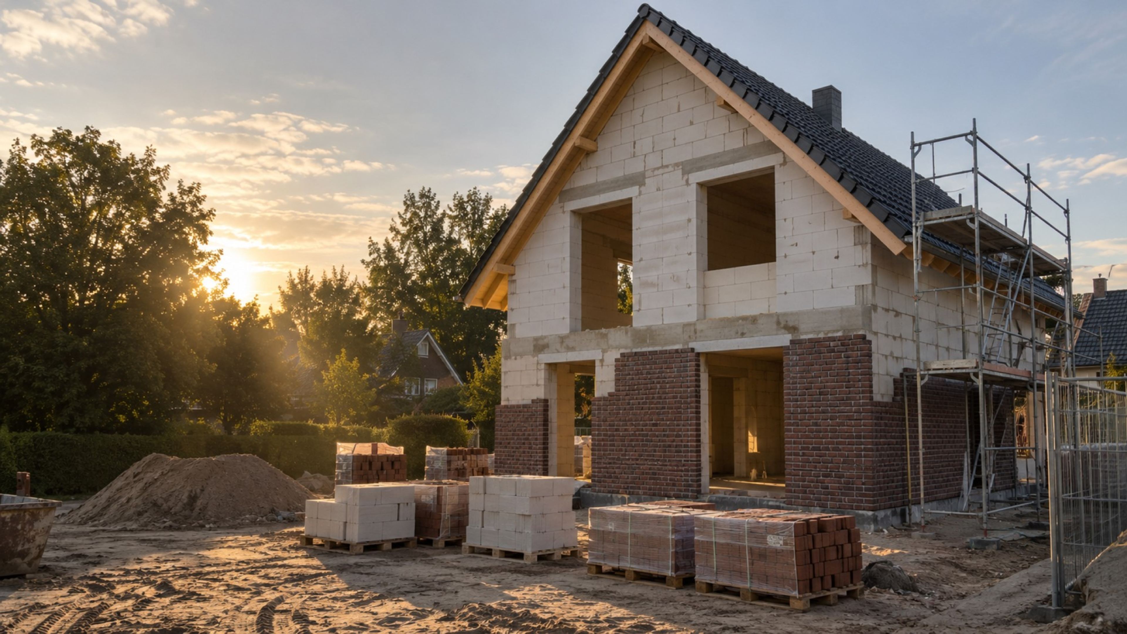 Einfamilienhaus im Rohbau aus Kalksandstein mit beginnender Klinkerfassade, Gerüst und Steinpaletten im Abendlicht