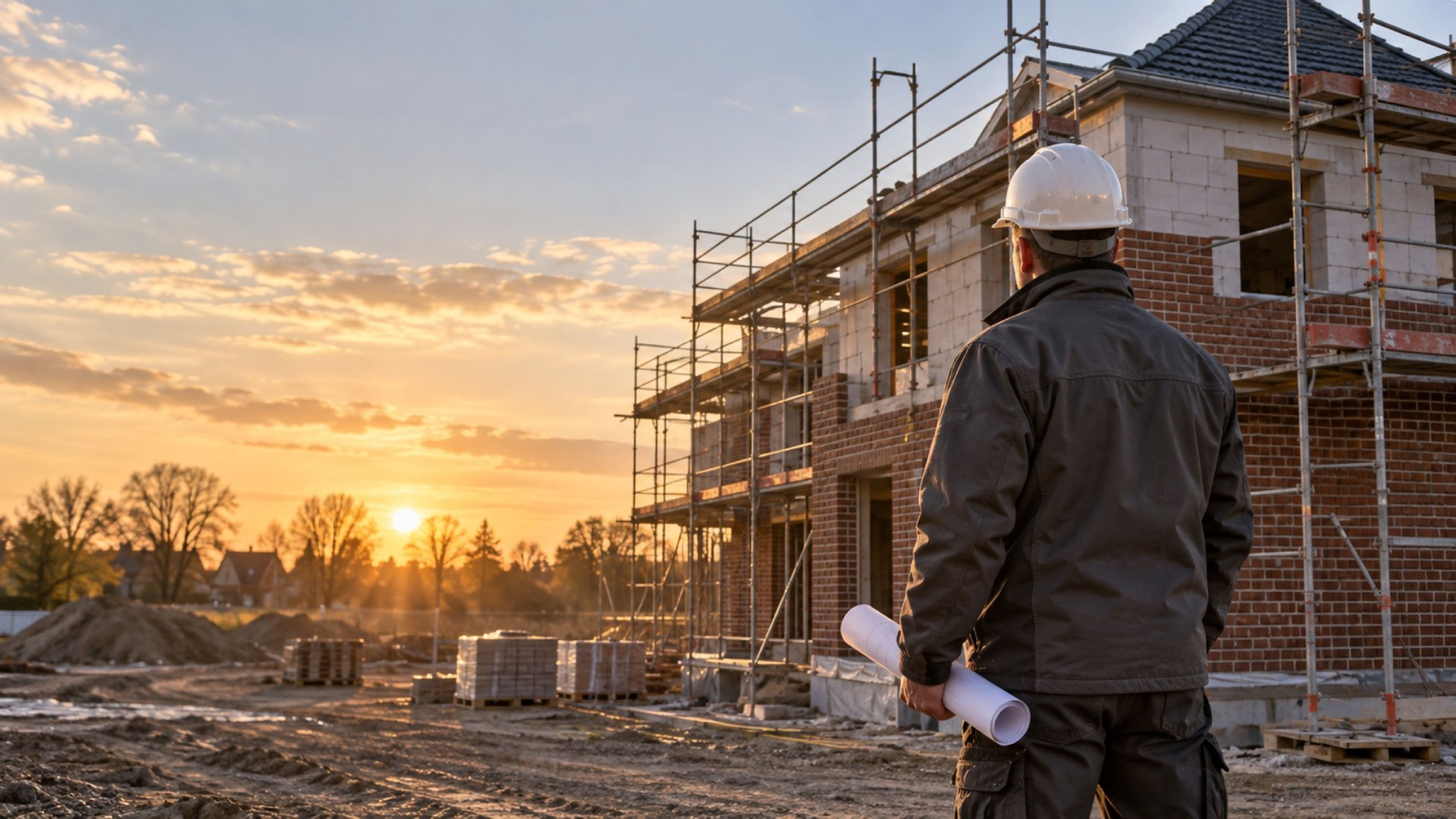 Bauleiter mit Helm und Plan blickt auf einen Rohbau mit Klinkerfassade bei Sonnenuntergang