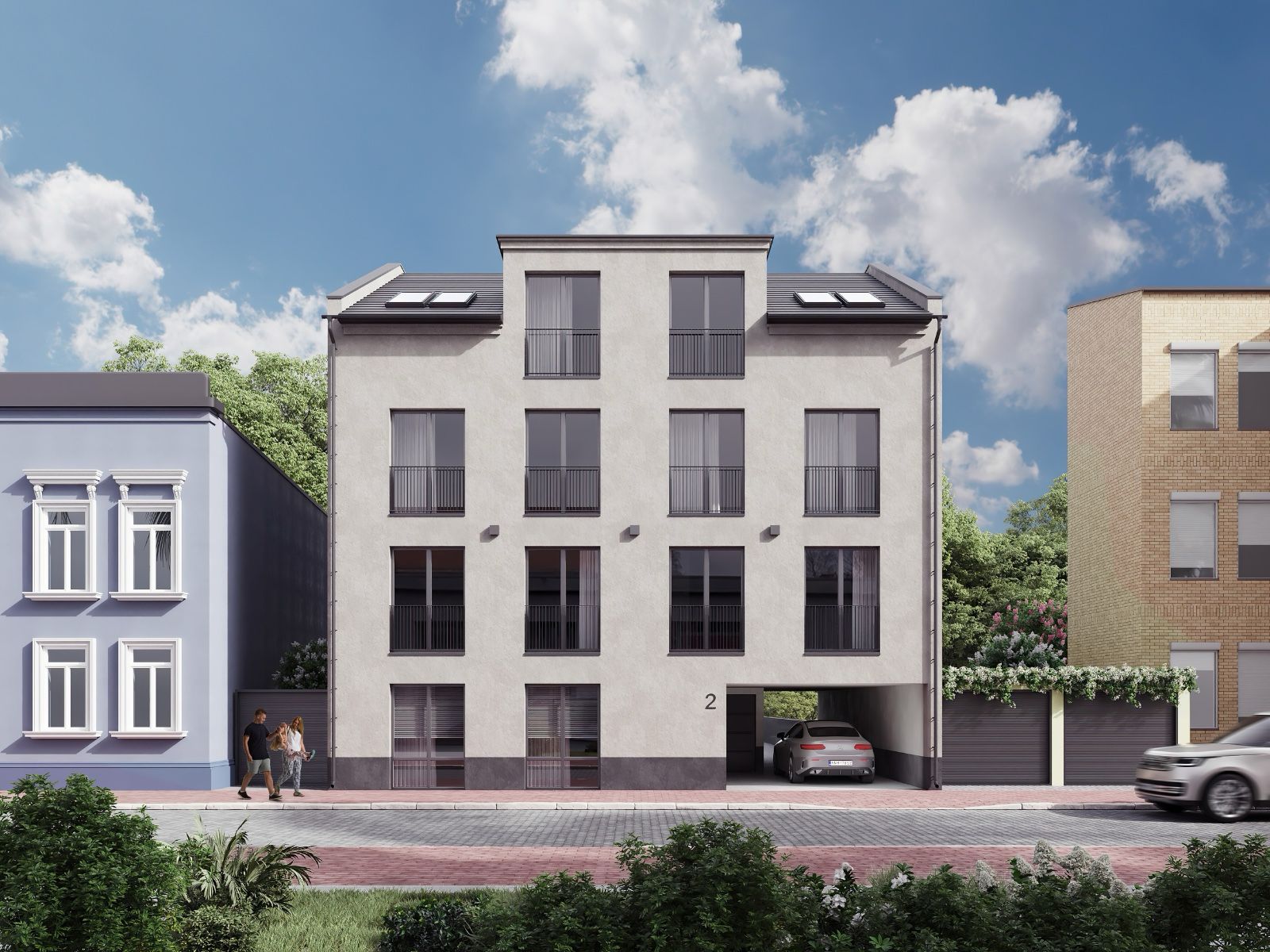 Visualisierung des geplanten Mehrfamilienhauses in Elmshorn: helle Putzfassade mit Balkonen, Staffelgeschoss und Durchfahrt