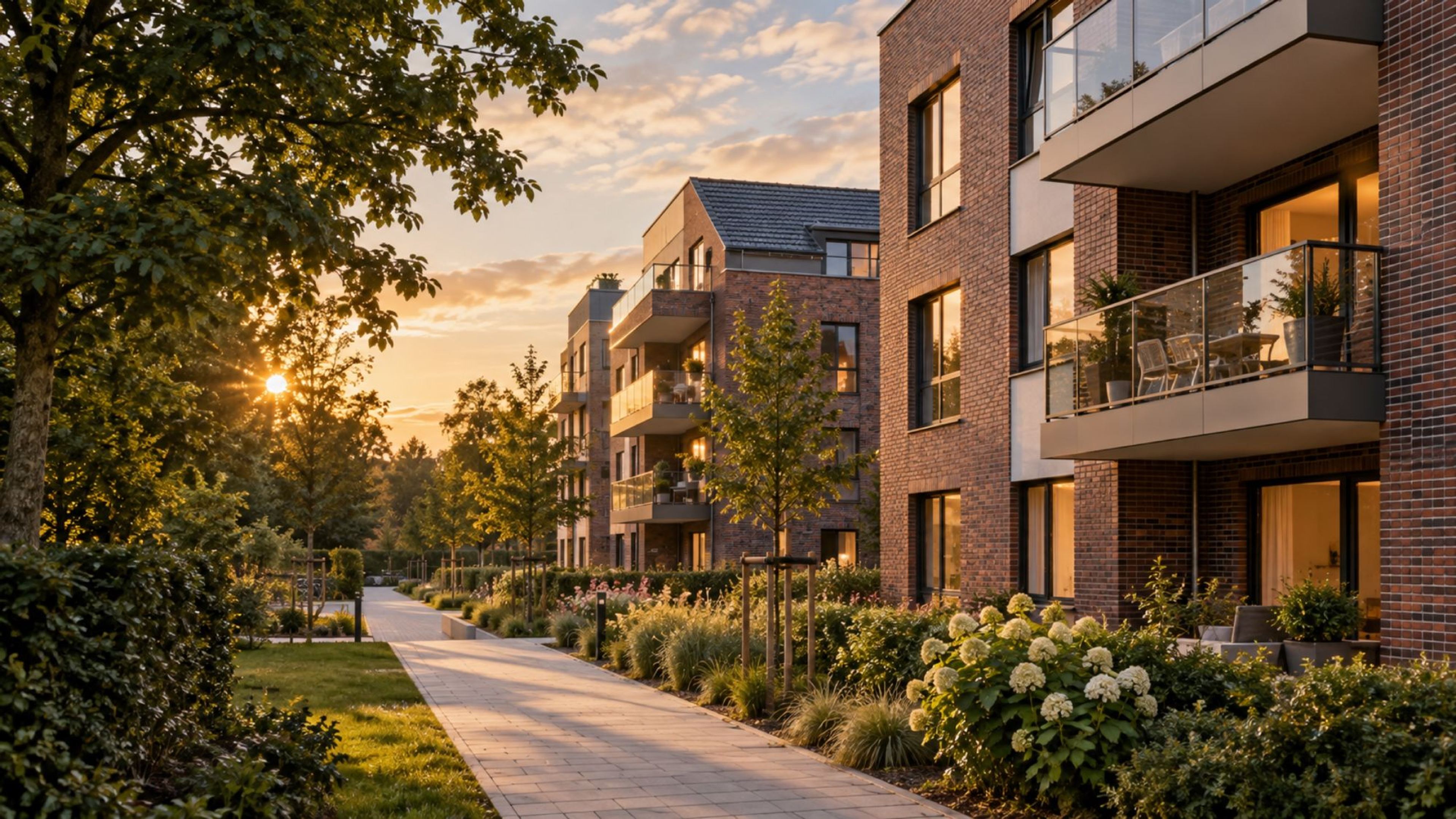 Neues Wohnquartier mit Klinkerhäusern, Balkonen und begrüntem Fußweg im Abendlicht
