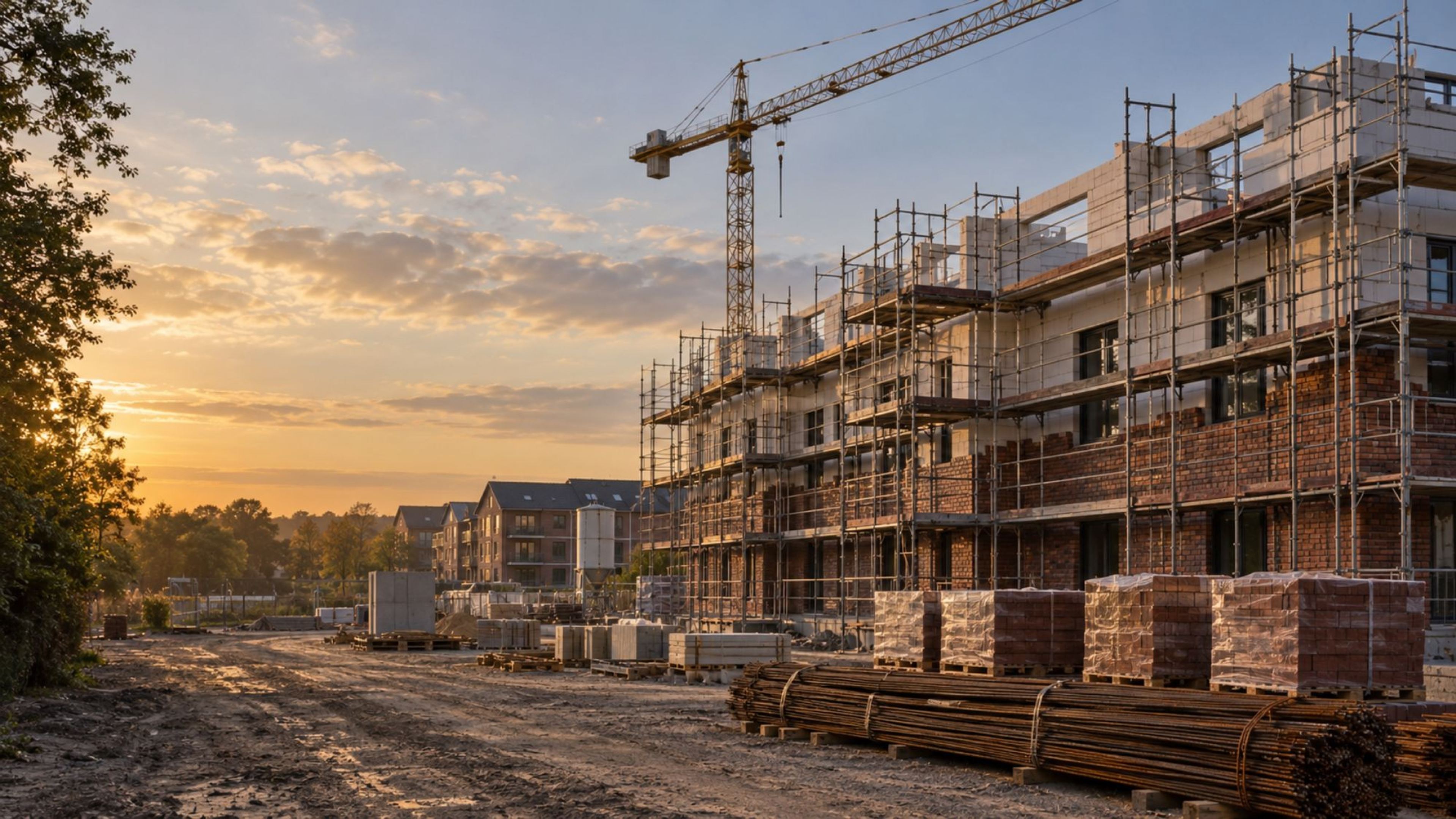 Wohnbaustelle mit Kran, Gerüst und Klinkerpaletten im Abendlicht