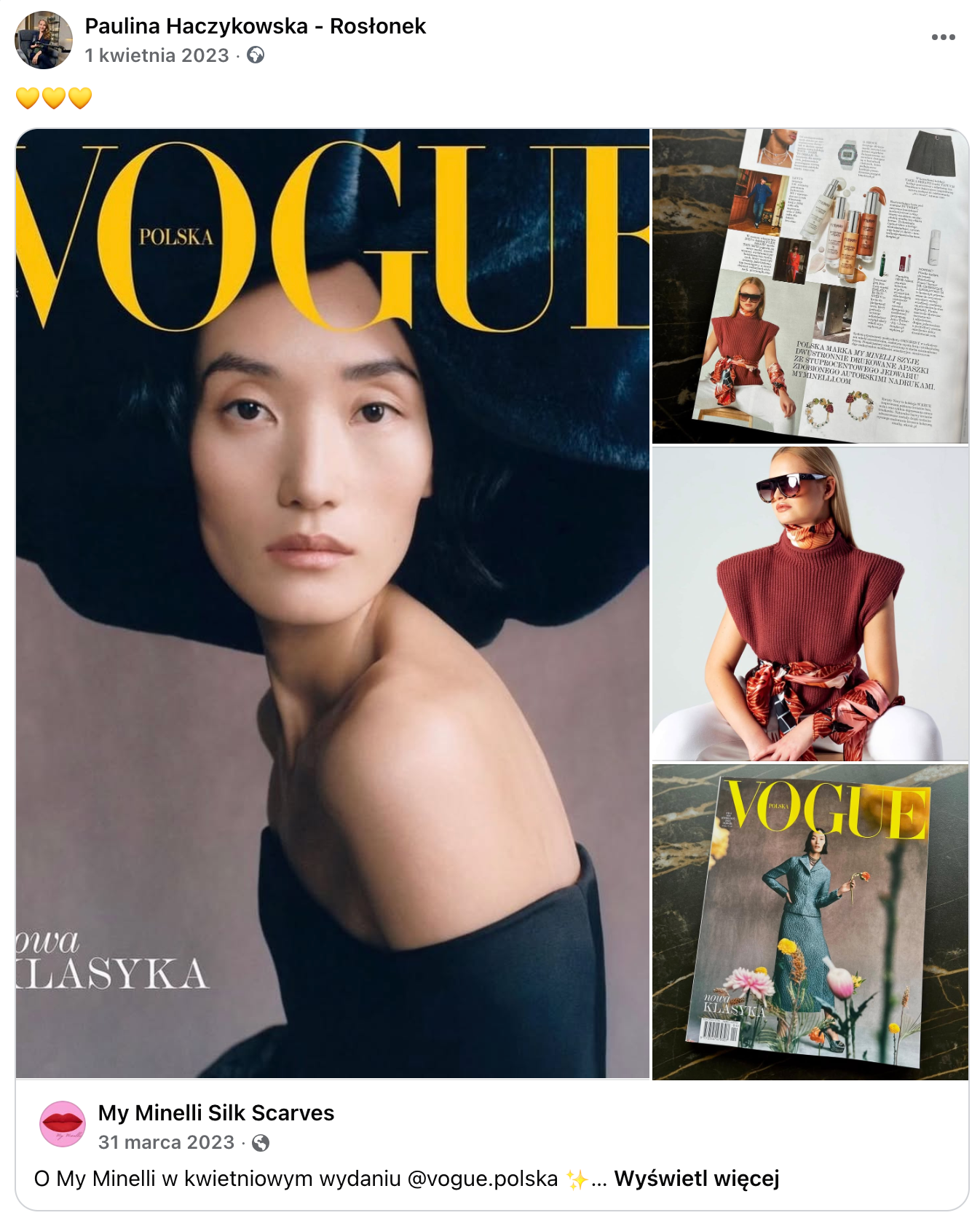 Okładka i strony Vogue Polska z apaszkami My Minelli