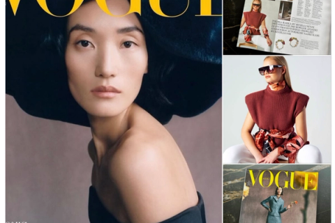 Okładka i strony Vogue Polska z apaszkami My Minelli