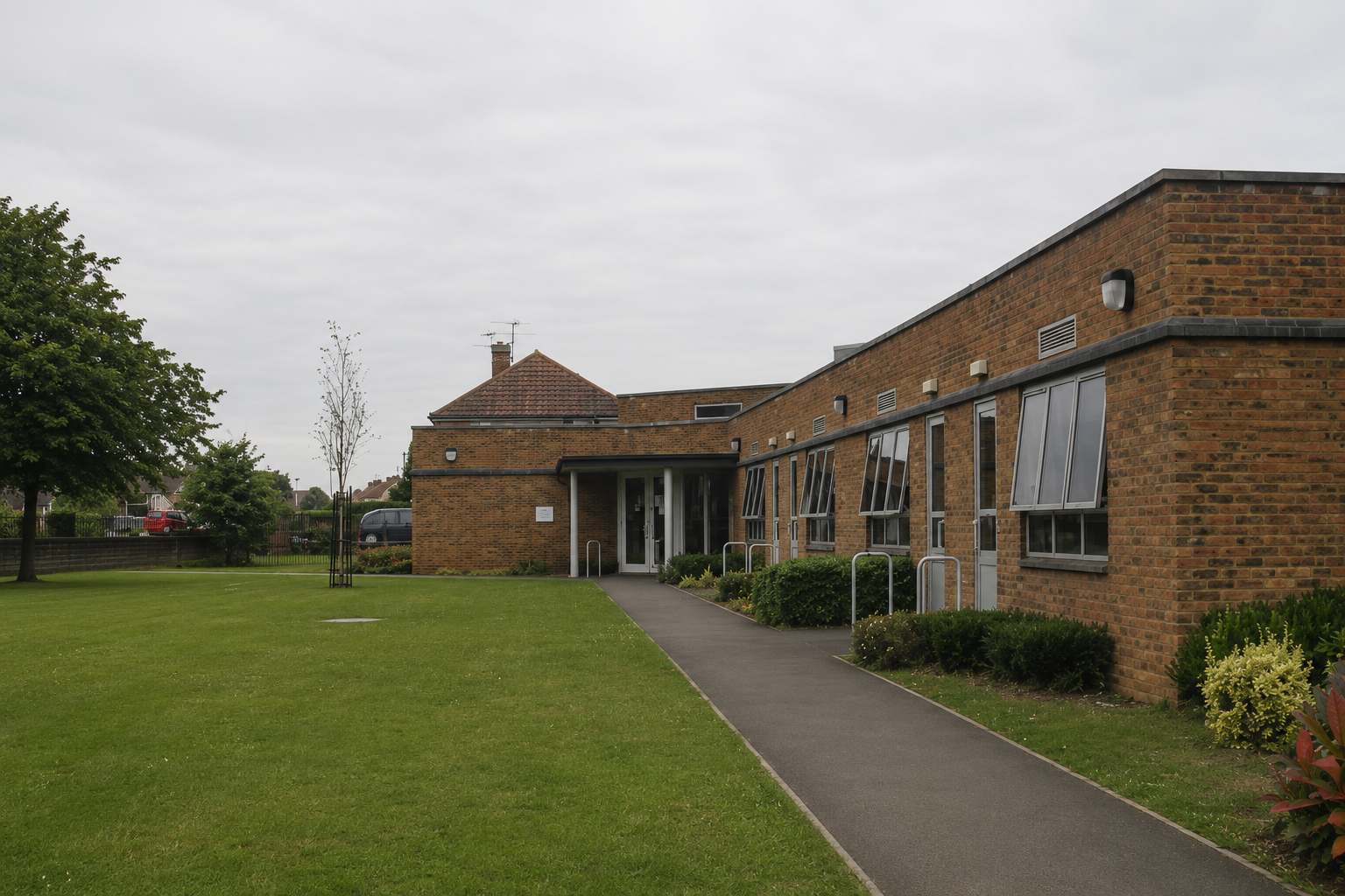 School building with clean glazing and entrance area