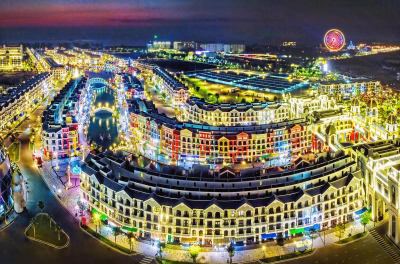 Grand World streets and canal illuminated after dark