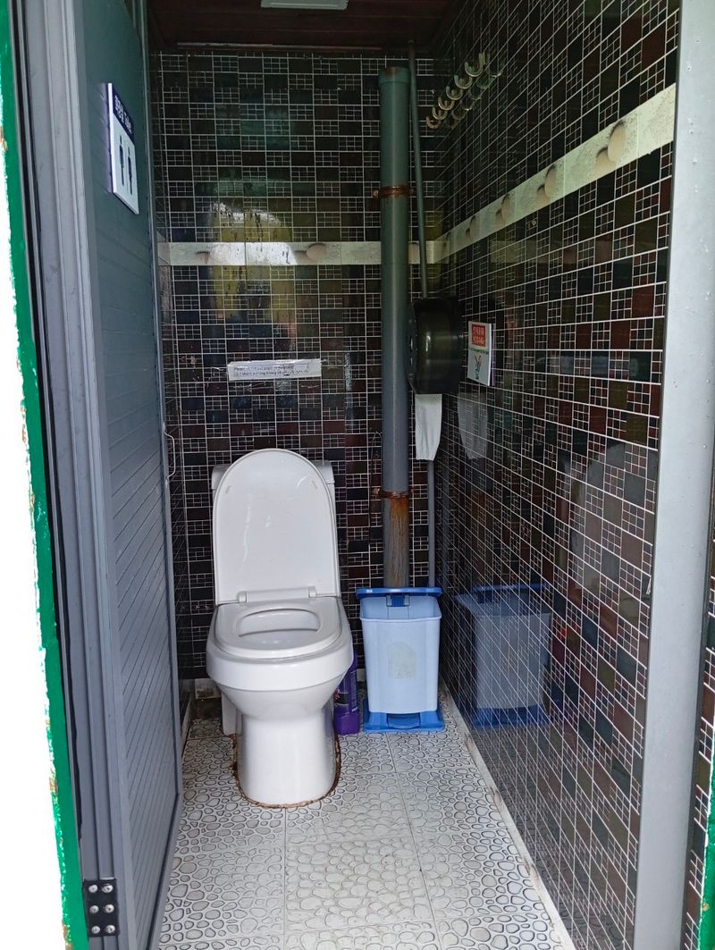 A compact boat toilet with tiled walls and a narrow doorway