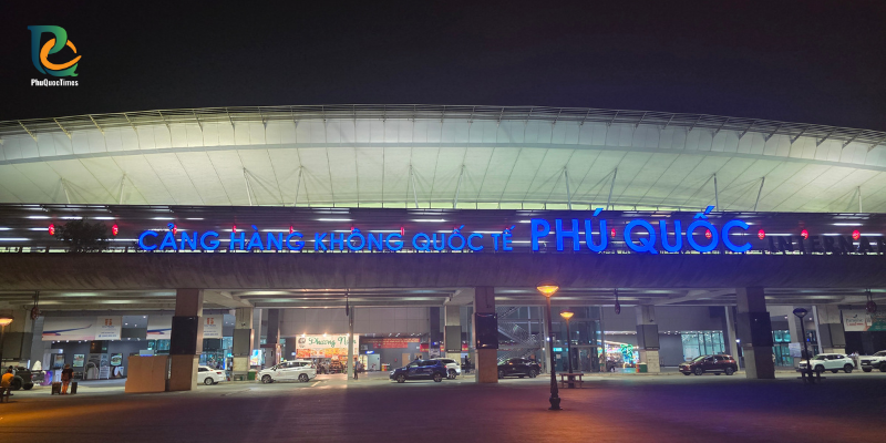 The illuminated entrance to Phu Quoc International Airport