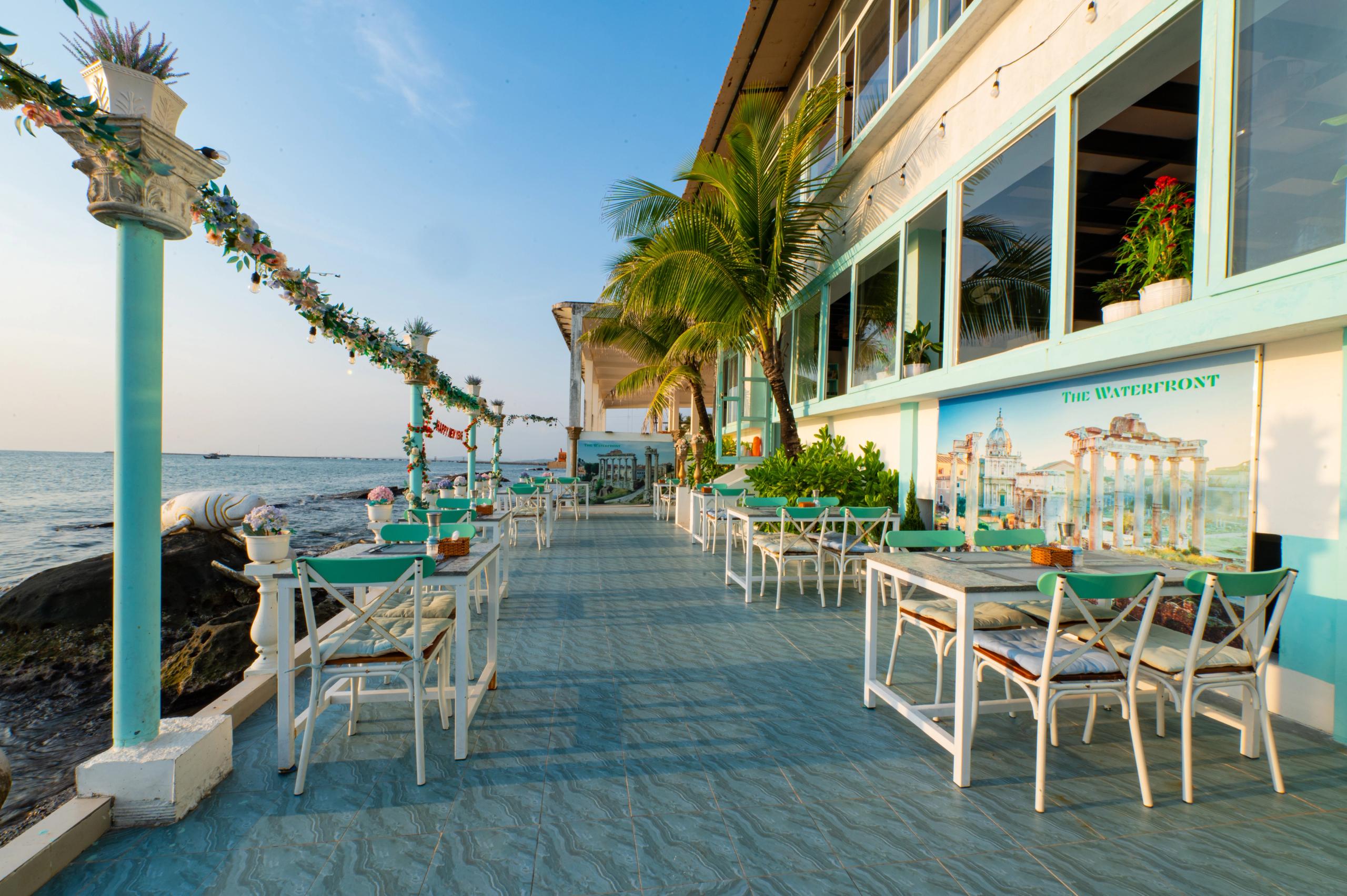 Seaside terrace and The Waterfront signage