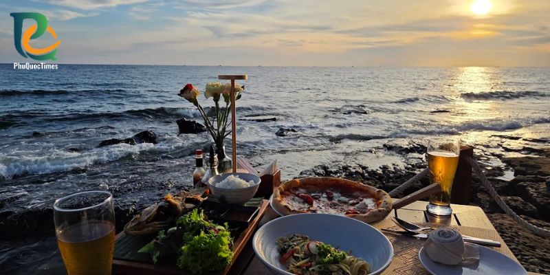 A seaside dining table at Ong Lang in evening light