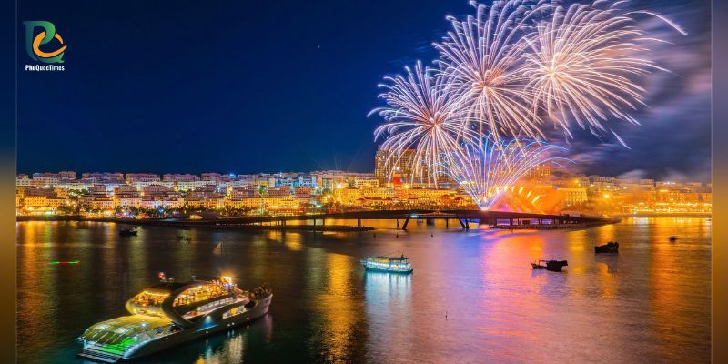 Fireworks above Kiss Bridge and the Sunset Town waterfront