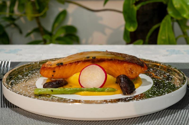 A browned fish fillet with asparagus and radish on a plate