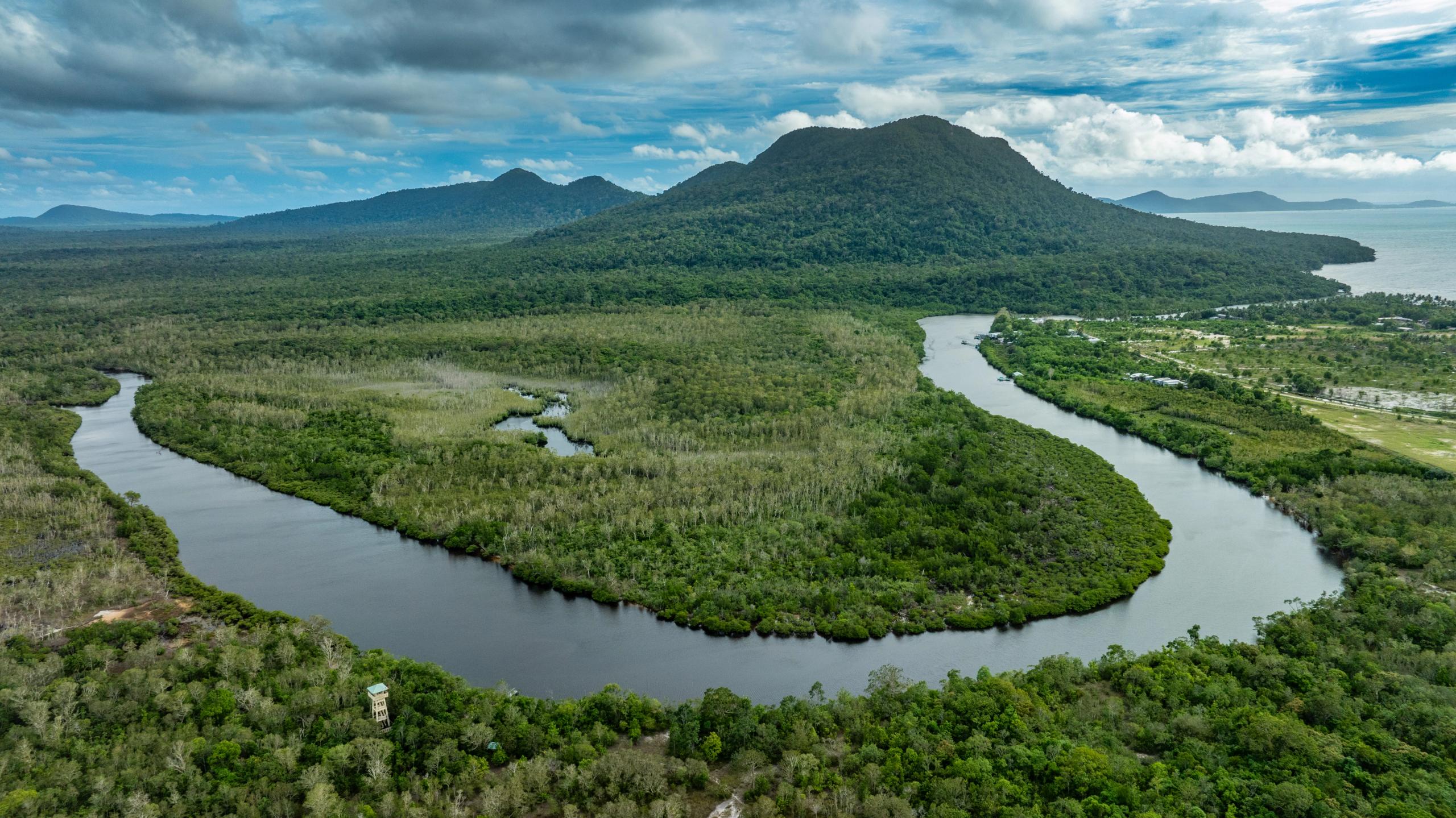 A river winding through dense forest below a mountain