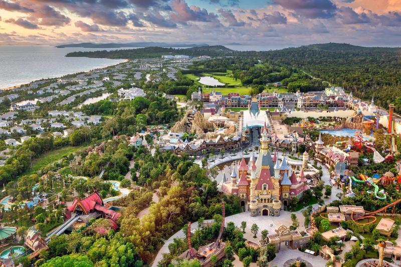 Aerial view of themed districts, gardens and the coast at VinWonders