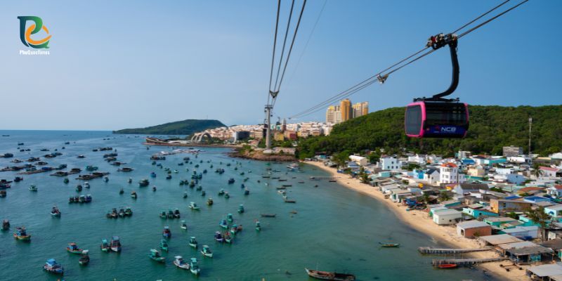 An Thoi waterfront and fishing boats below the cable car