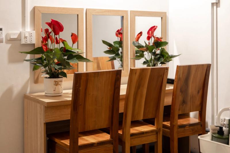 Wooden chairs and mirrors beside potted red flowers