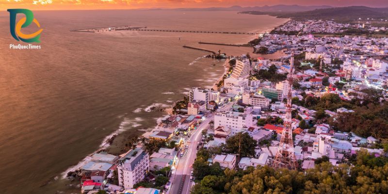 Duong Dong streets and coastline in evening light