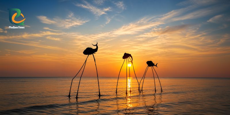 Public art silhouetted against sunset on Long Beach