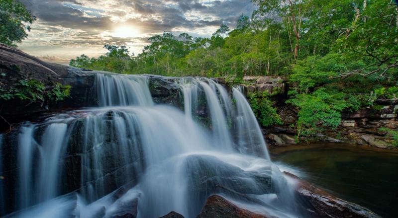 Water cascading over rocks amid forest beneath a bright sky