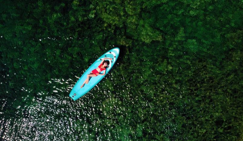 A turquoise paddleboard seen from above