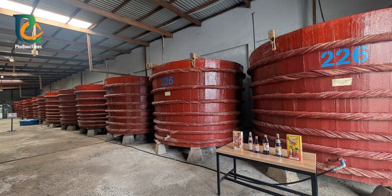 Wooden fermentation barrels in a Phu Quoc fish sauce house
