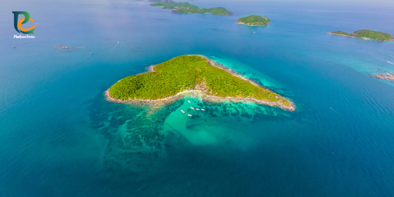 May Rut Ngoai island and its surrounding reef seen from above