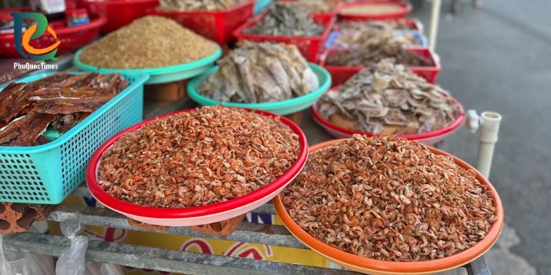 Dried shrimp and seafood displayed at Ham Ninh
