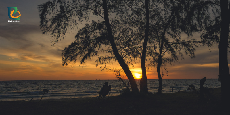 Sunset behind shoreline trees and silhouetted visitors on Long Beach