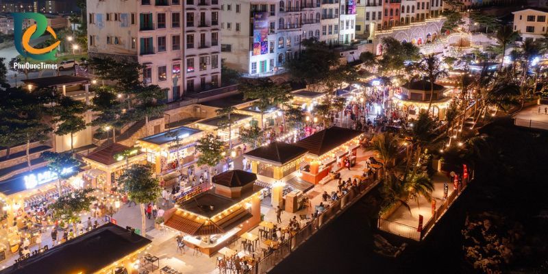Evening restaurants and terraces along a Sunset Town street