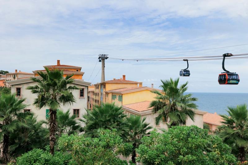 Cable-car cabins above station buildings and palm trees