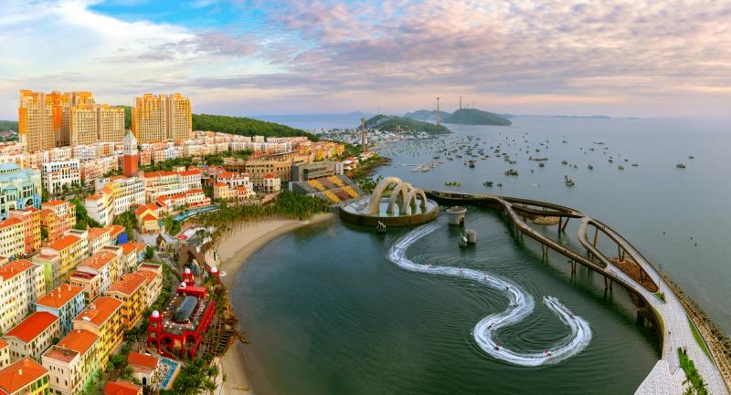 Sunset Town waterfront and Kiss Bridge seen from above