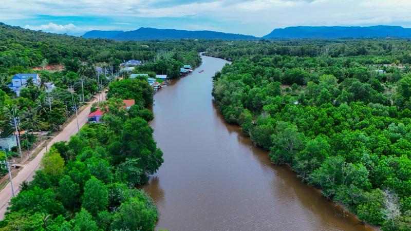 Aerial view of Cua Can River between wooded banks and riverside buildings