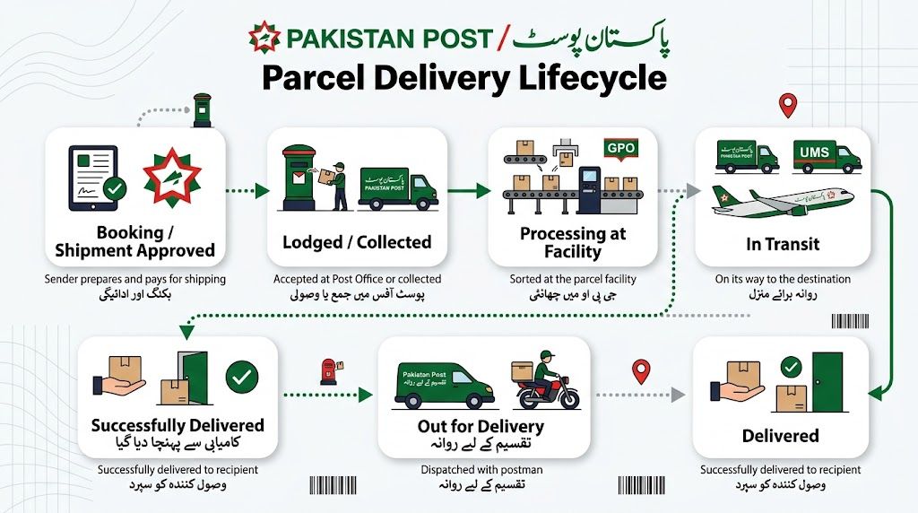 Infographic flowchart diagram illustrating the lifecycle of a Pakistan Post parcel delivery.