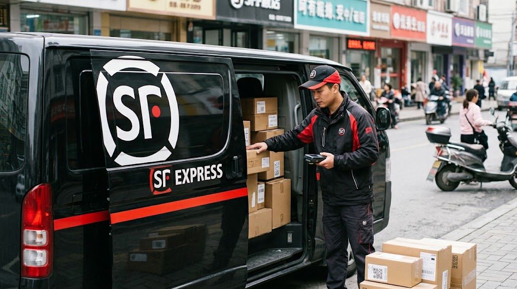 SF Express courier scanning parcels next to a black delivery van on a city street