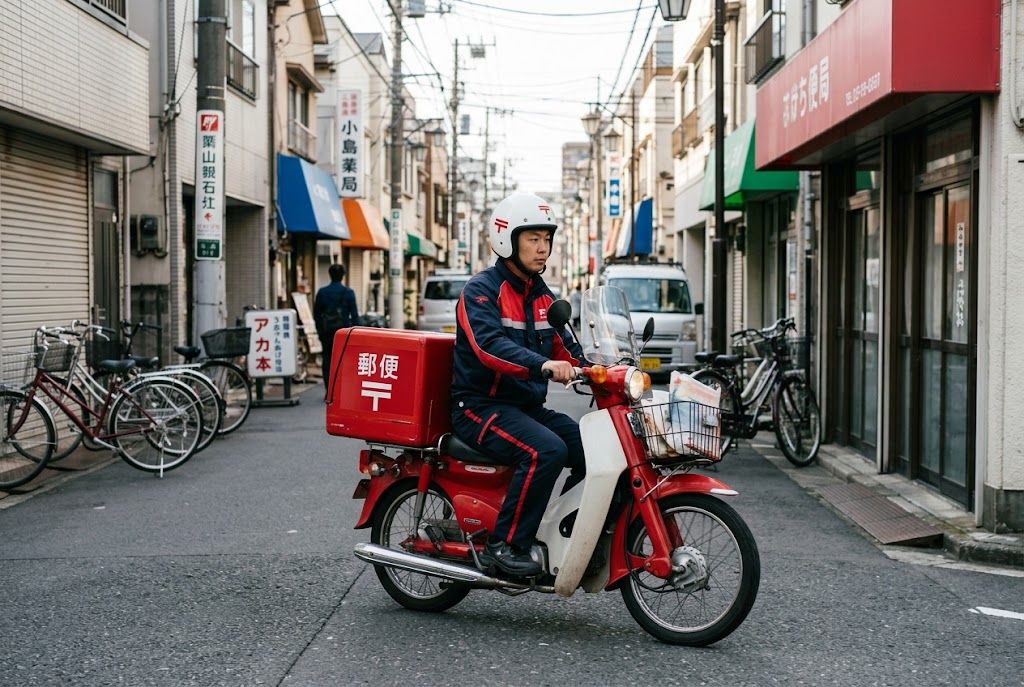 A Japan Post delivery person riding a red delivery scooter on a street in Japan.