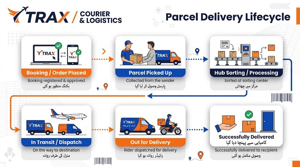 Infographic life cycle image of the Trax delivery.