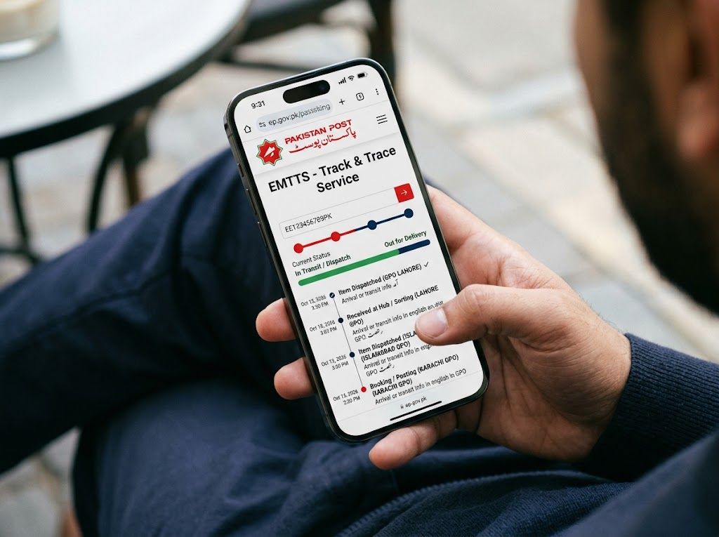 A person using Phone to track the Pakistan post delivery status.