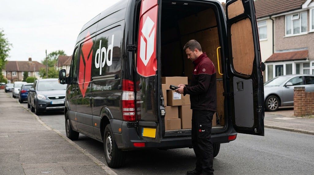 DPD delivery driver scanning a package at the back of a delivery van.