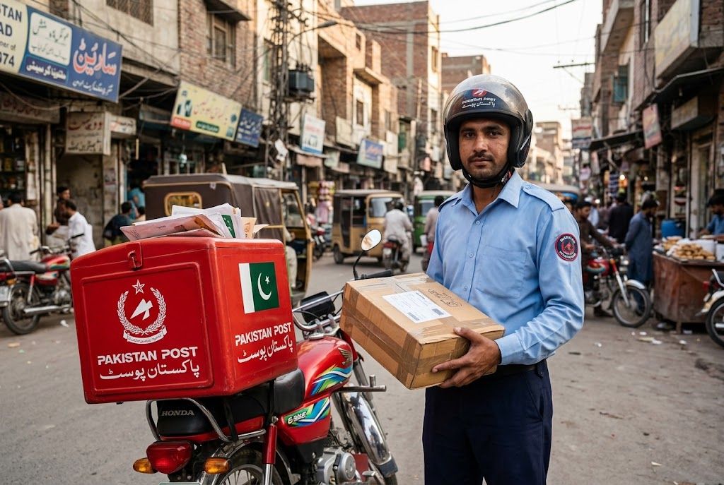 Pakistan Post mail carrier on a delivery route holding a parcel, wearing a uniform, street setting in Pakistan.