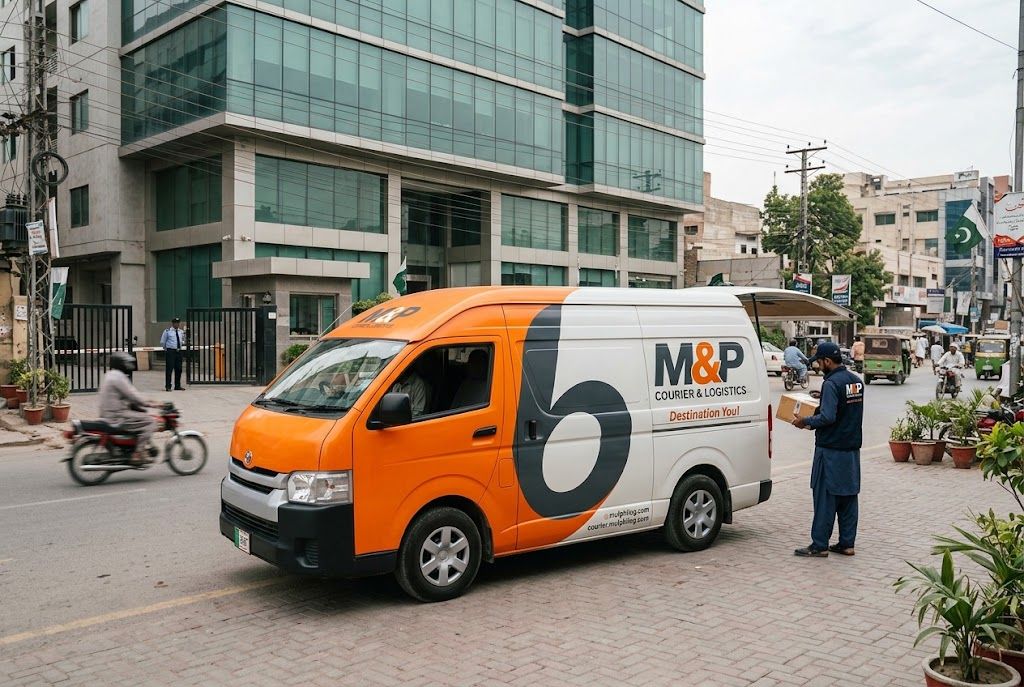 M&P van in the road of an urban city in Pakistan